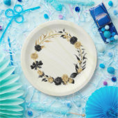 Assiettes En Carton or élégant et floral noir (Fête)