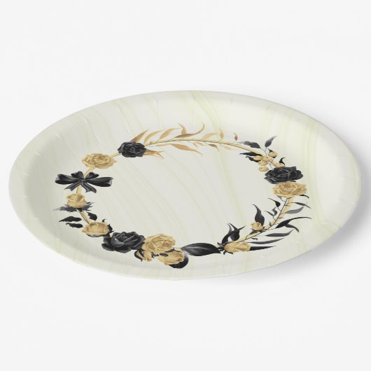 Assiettes En Carton or élégant et floral noir (Angle)