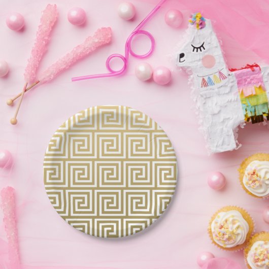 Assiettes En Carton Or élégant et motif principal grec blanc (Fête)