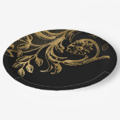 Assiettes En Carton Or | Elégant or floral sur noir (Angle)