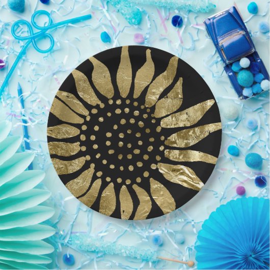 Assiettes En Carton Or | Elégant tournesol or sur noir (Fête)