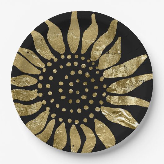 Assiettes En Carton Or | Elégant tournesol or sur noir (Devant)