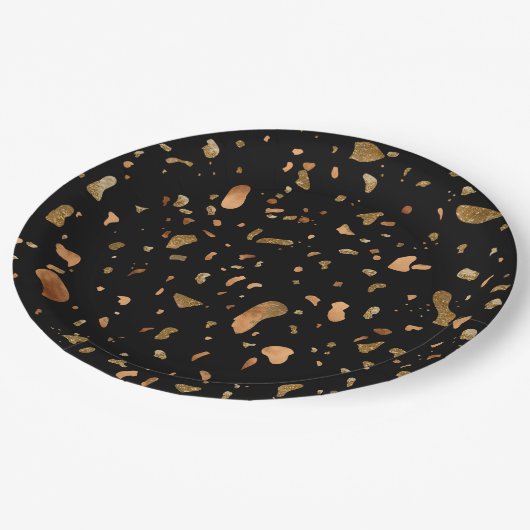 Assiettes En Carton Or en cuivre sur pierre noire du Terrazzo (Angle)