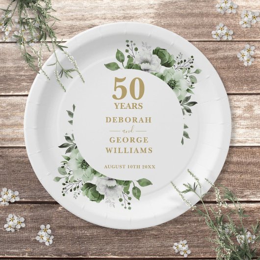 Assiettes En Carton Or moderne 50e anniversaire Mariage verdure