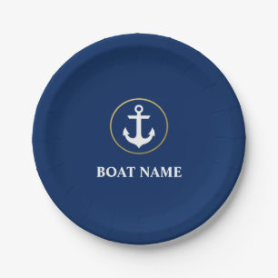Assiettes En Carton Or nautique de bleu d'Ancre de nom de bateau