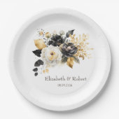 Assiettes En Carton Or Noir Fleurs Blanches (Devant)