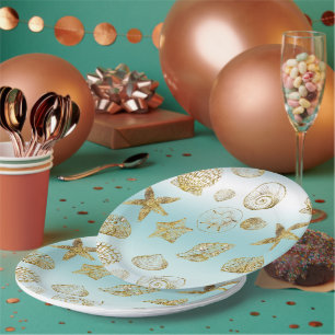 Assiettes En Carton Or Ombre Bleu Aqua Coquilles de Mer Or Doré de Pla
