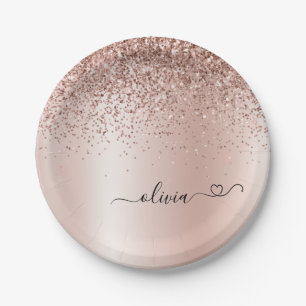 Assiettes En Carton Or rose - Paillettes Rose Blush Monogramme Métal N