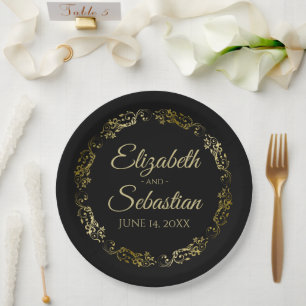 Assiettes En Carton Or sur noir Elegant Floral Filigree Mariage