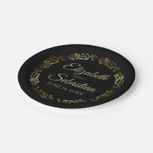 Assiettes En Carton Or sur noir Elegant Floral Filigree Mariage