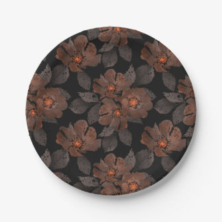Assiettes En Carton Orange and brown flowers on a black background.