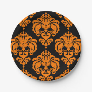 Assiettes En Carton Orange & Black Damask Vintage Wedding Event Party