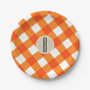 Assiettes En Carton Orange Blanc Carreaux Kraft Rustique Monogramme In