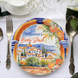 Assiettes En Carton Orange bleu azulejo talavera tuiles douche nuptial<br><div class="desc">Orange agrumes azulejo majolica talavera carreaux arche bleu orange méditerranéen carreaux de douche modèle imprimé assiettes personnalisées décoration de vaisselle,  pour printemps été vibrante couleurs audacieuses fonctions thématiques</div>