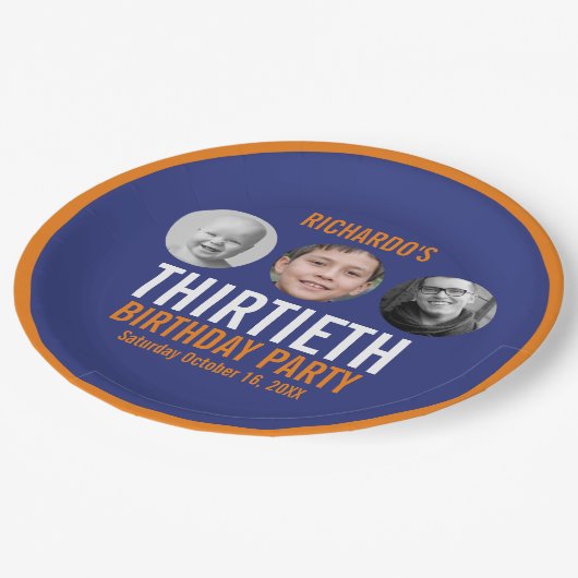 Assiettes En Carton Orange bleu foncé 30ème trentième 3 photos anniver (Angle)
