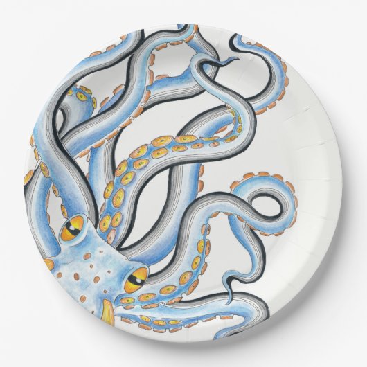 Assiettes En Carton Orange bleu octopus funky (Devant)