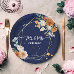 Assiettes En Carton Orange bleu sauge fleurs marine bleu nom personnal<br><div class="desc">Roses orange et blanc sauge eucalyptus vert marine bleu arrière - plan or géométrique cadre floral M & Mme nom personnalisé Plaques mariages papier.</div>
