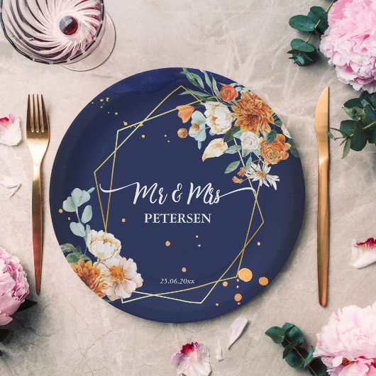 Assiettes En Carton Orange bleu sauge fleurs marine bleu nom personnal