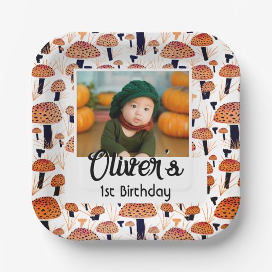 Assiettes En Carton Orange Champignons Automne Photo Anniversaire (Recto)