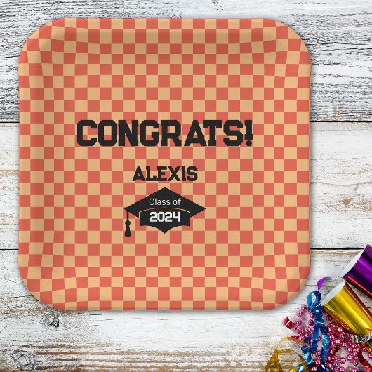 Assiettes En Carton Orange Checkerboard Graduation Party