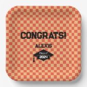 Assiettes En Carton Orange Checkerboard Graduation Party (Recto)