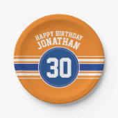 Assiettes En Carton Orange et Bleu Anniversaire Sports Thème (Devant)