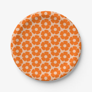 Assiettes En Carton Orange et Pêche Retro 60s motif floral
