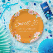 Assiettes En Carton Orange Floral Sweet 16 Anniversaire Plaque de fête (Fête)