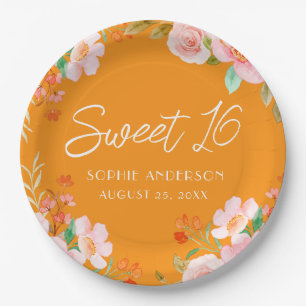 Assiettes En Carton Orange Floral Sweet 16 Anniversaire Plaque de fête