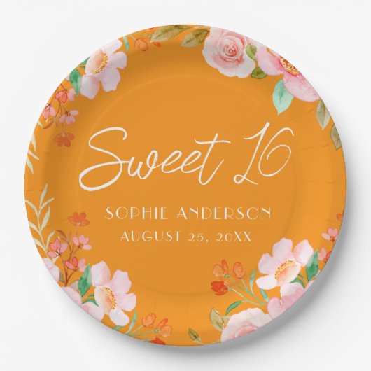 Assiettes En Carton Orange Floral Sweet 16 Anniversaire Plaque de fête (Devant)