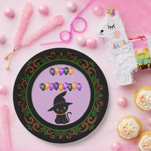 Assiettes En Carton Orange Green Chat Noir Sorcière Casquette Hallowee (Fête)