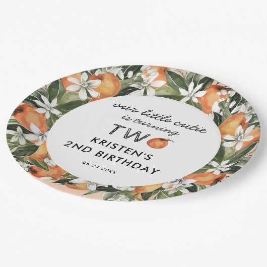 Assiettes En Carton Orange Little Cutie Est Deux 2E Anniversaire (Angle)