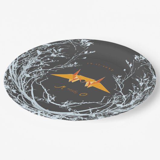 Assiettes En Carton Orange Origami Papier Grues Branches Mariage asiat (Angle)
