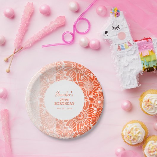 Assiettes En Carton Orange Peach Stripes Floral Anniversaire (Fête)