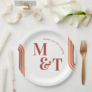 Assiettes En Carton Orange Rétro Rayures Soixante-Dix Monogramme de
