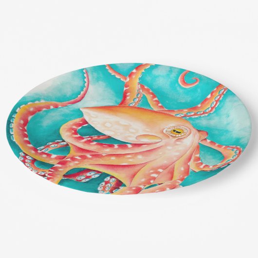 Assiettes En Carton Orange rouge Tentacles Octopus Aquarelle (Angle)