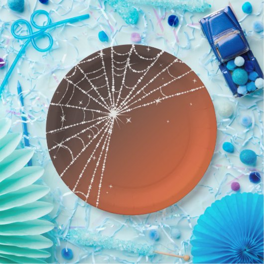 Assiettes En Carton Orange Sunset Sparkling Diamond Spider Web (Fête)