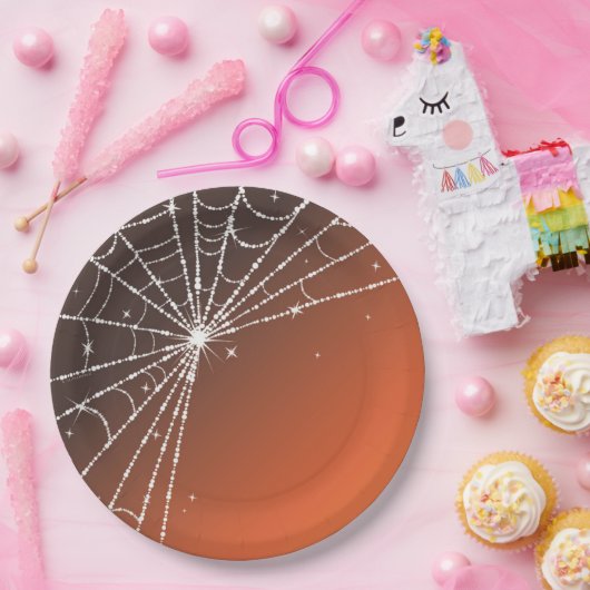 Assiettes En Carton Orange Sunset Sparkling Diamond Spider Web (Fête)