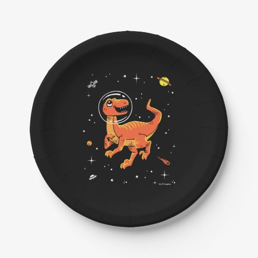 Assiettes En Carton Orange Tyrannosaurus Dinos Dans L'Espace (Devant)