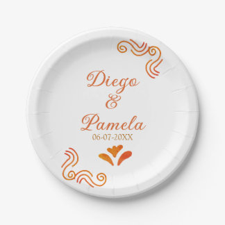 Assiettes En Carton orange yellow rustic spanish wedding couple name