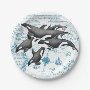Assiettes En Carton Orca baleines bleu antique