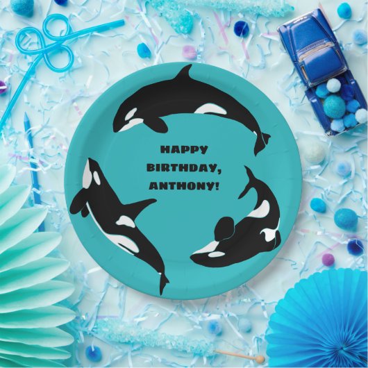 Assiettes En Carton Orcas Killer Whales Turquoise Blue Anniversaire (Fête)