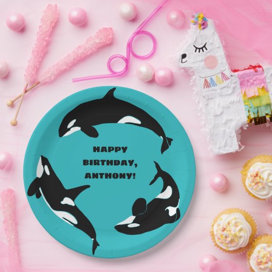 Assiettes En Carton Orcas Killer Whales Turquoise Blue Anniversaire (Fête)