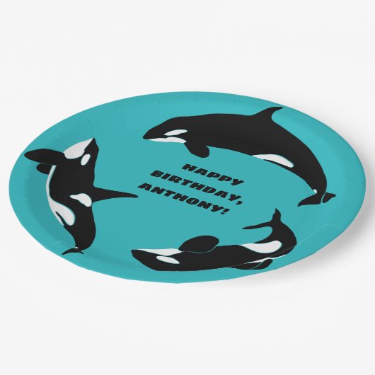 Assiettes En Carton Orcas Killer Whales Turquoise Blue Anniversaire (Angle)