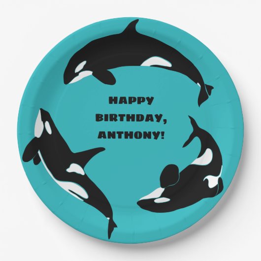 Assiettes En Carton Orcas Killer Whales Turquoise Blue Anniversaire (Devant)