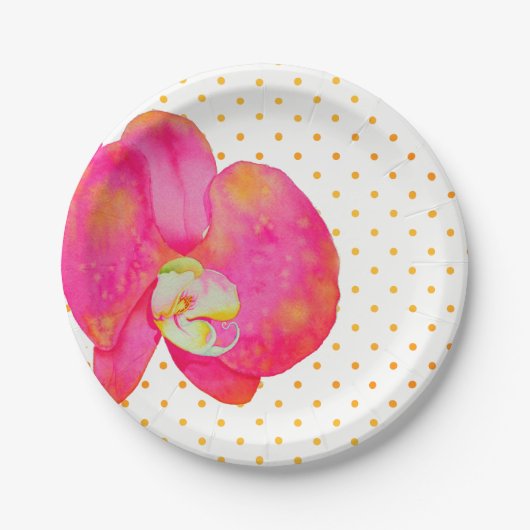 Assiettes En Carton Orchidée rose orange aquarelle (Devant)