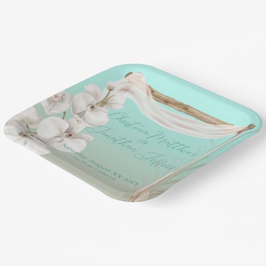 Assiettes En Carton Orchidées & Arc Boho sur la plage Mariage (Angulaire)