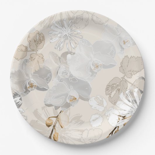 Assiettes En Carton Orchidées blanches sur une crème légère (Devant)