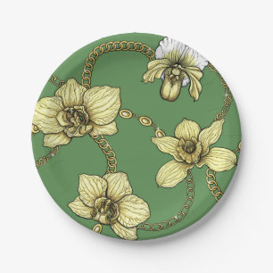 Assiettes En Carton Orchidées et chaînes, jaune et vert kelly