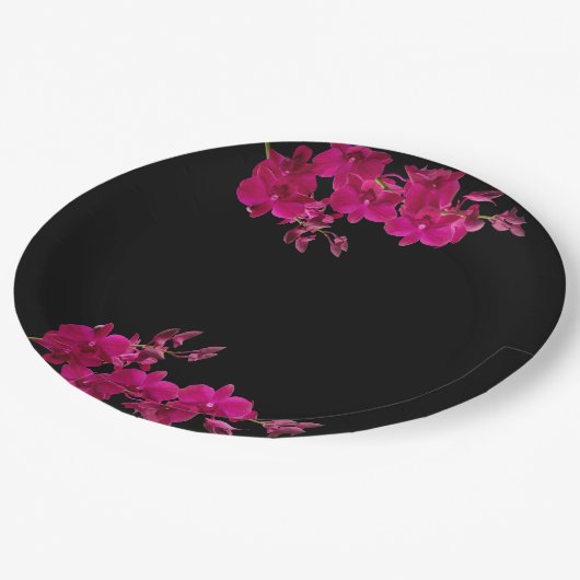 Assiettes En Carton Orchidées Fuchsia sur Plaques Mariages Noires- (Angle)
